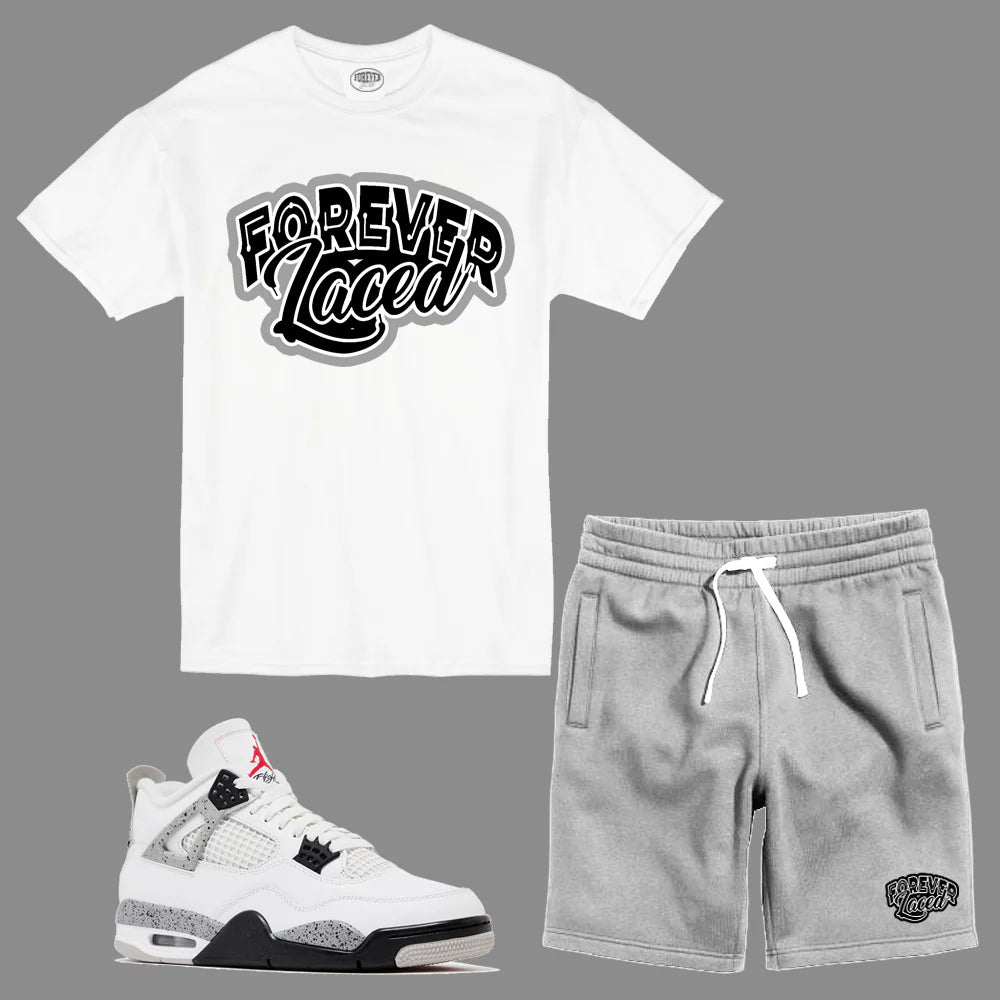 Forever Laced Classic Short Set to Retro Jordan 4 White Cement sneakers
