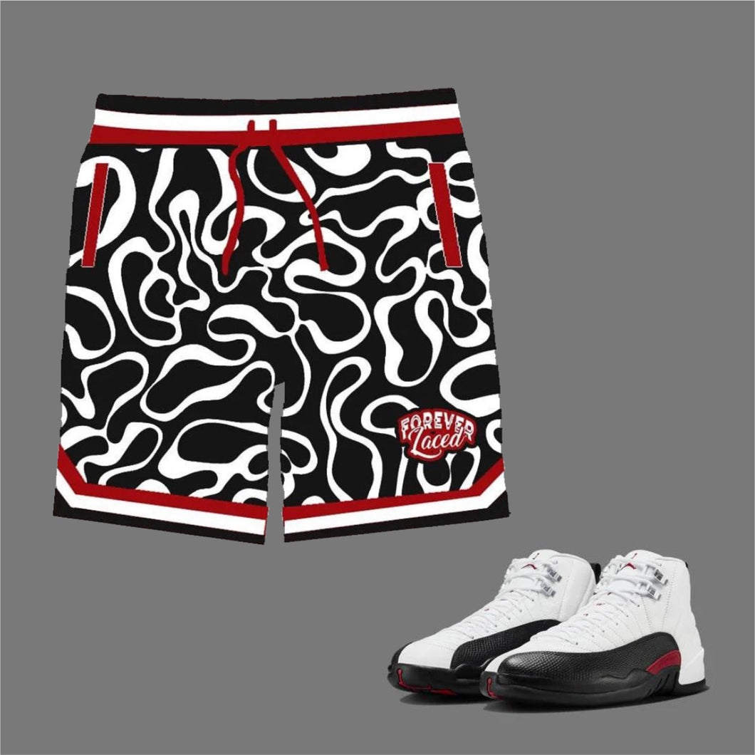 Forever Laced Shorts to match Retro Jordan 12 Taxi Flip sneakers