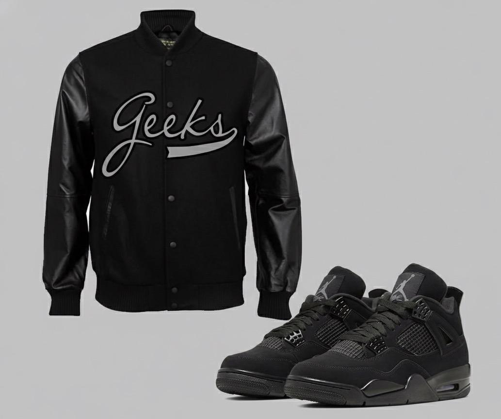 GEEKS Rogue Varsity Jacket to match Retro Jordan 4 Black Cat sneakers