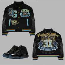 Load image into Gallery viewer, SG The GOAT Vintage Varsity Jacket to match Retro Jordan 11 Gamma Blue sneakers
