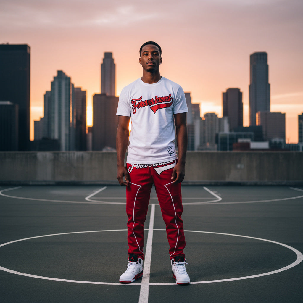 Forever Laced FL Stadium Outfit to match Retro Jordan 5 Fire Red Black Tongue