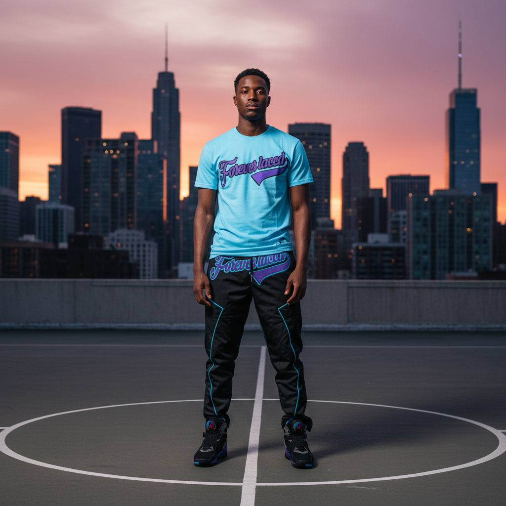 Forever Laced FL Stadium Outfit to match Retro Jordan 8 Aqua sneakers