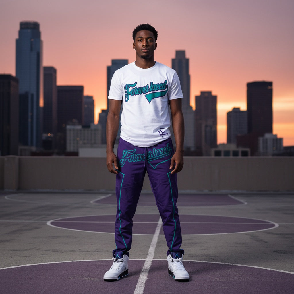 Forever Laced Stadium Outfit to match Retro Jordan 5 Grape sneakers