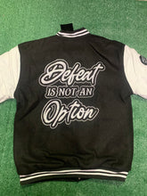 Load image into Gallery viewer, Defeat Is Not An Option Varsity Jacket to match Retro Jordan 11 Gratitude sneakers - In Stock
