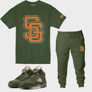 SG Giants Oufit to match Retro Jordan 5 Olive sneakers