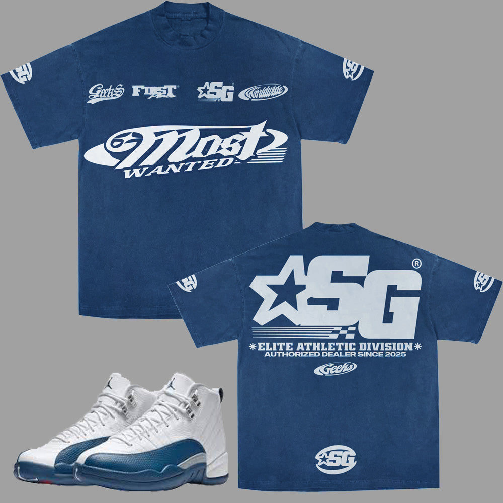 SG Most Wanted T-Shirt to match Retro Jordan 12 French Blue sneakers