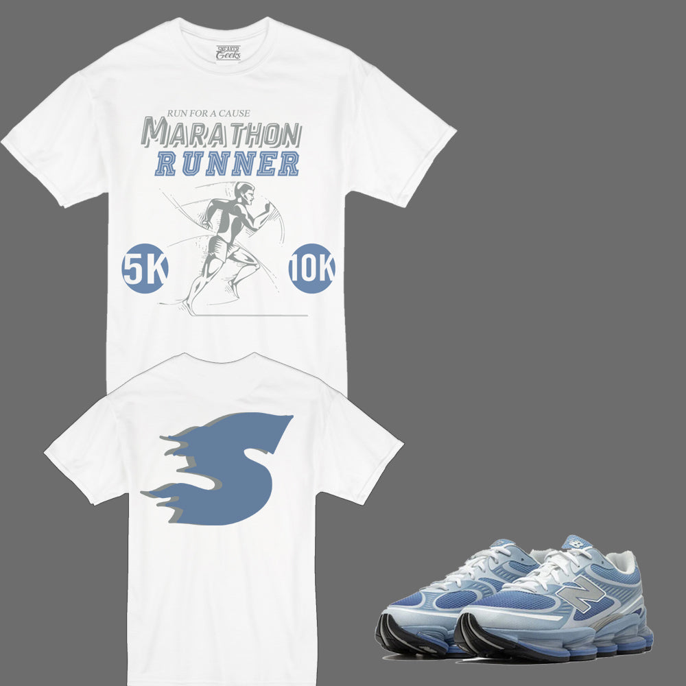 Marathan Runner T-Shirt to match New Balance Abzorb 2000 Baby Blue sneakers