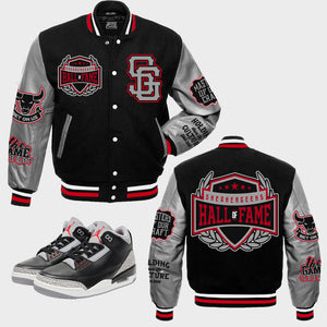 Hall Of Fame Varsity Jacket to match Retro Jordan 3 Black Cement sneakers