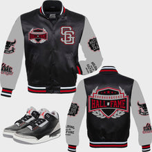 Load image into Gallery viewer, Hall Of Fame Satin Jacket to match Retro Jordan 3 Black Cement sneakers
