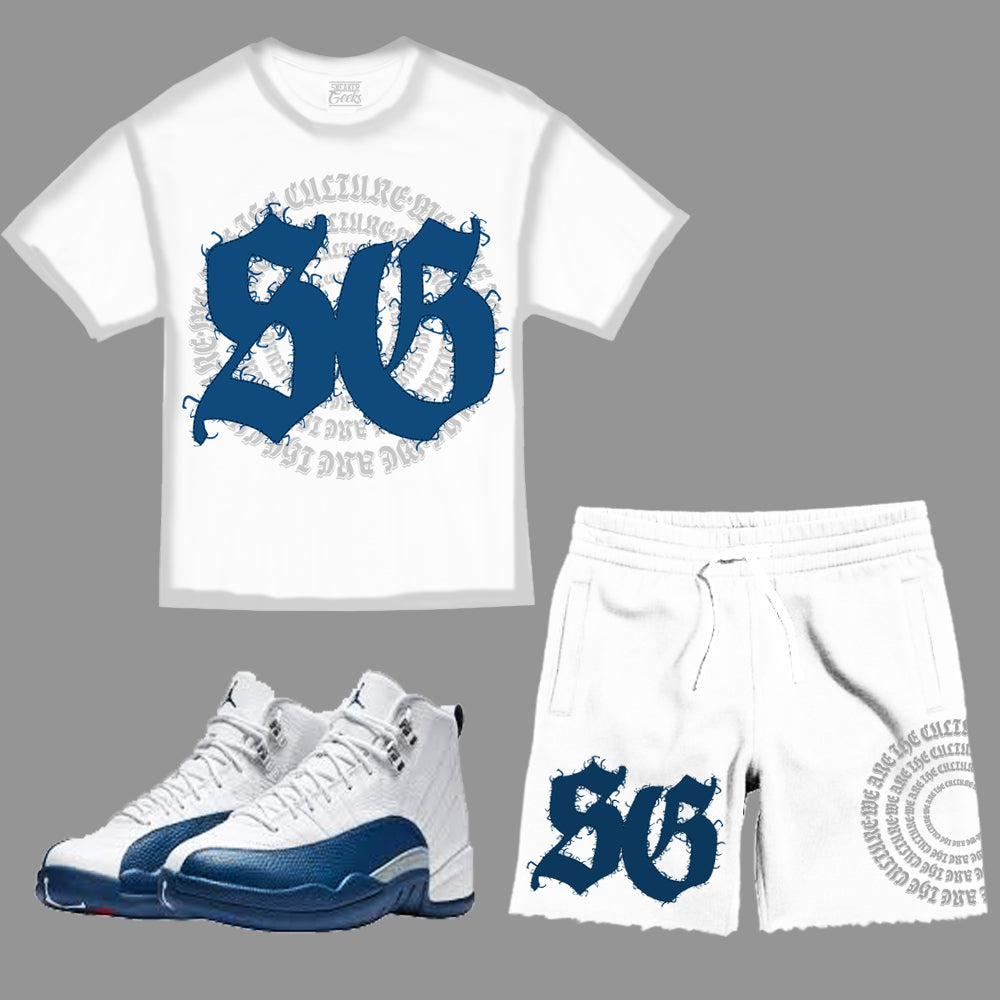 We Are The Culture Sun Faded Short Set to match Retro Jordan 12 French Blue sneakers