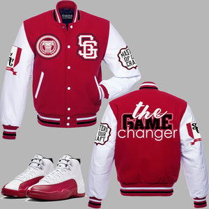 The Game Changer Youth Varsity Jacket to match Retro Jordan 12 Cherry sneakers