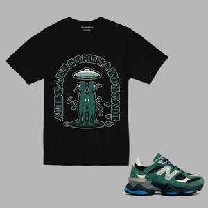 Aliens Are Coming T-Shirt to match New Balance 9060 Team Forest Green sneakers