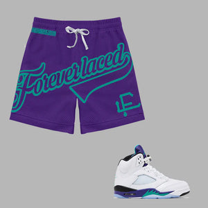 Forever Laced FL Stadium Mesh Shorts to match Retro Jordan 5 OG Grape sneakers