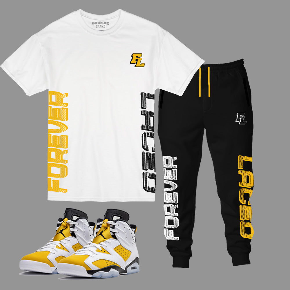 Forever Laced FL outfit to match Retro Jordan 6 Yellow Ochre sneakers