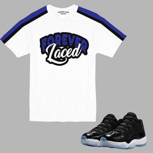 Forever Laced T-Shirt to match Retro Jordan 11 Low Space Jam sneakers.