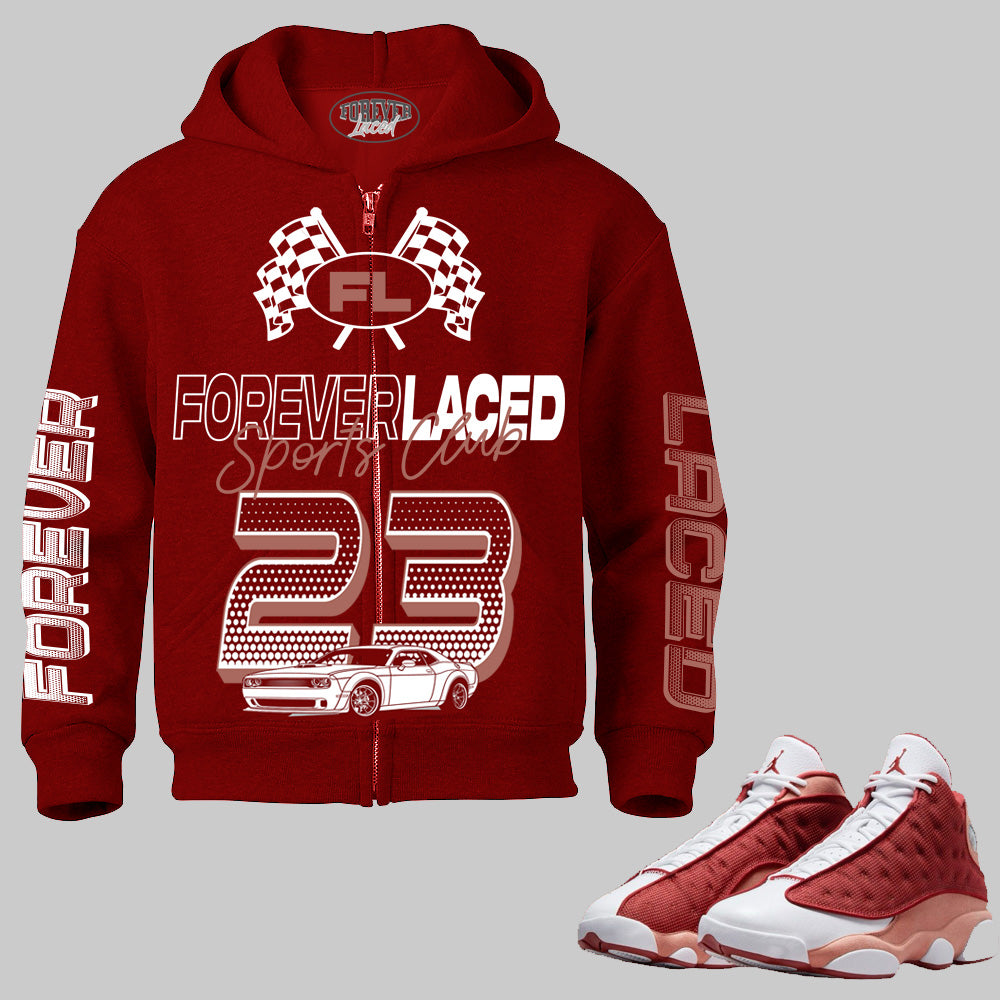 Forever Laced Sports Club Zipped Hoodie to match Retro Jordan 13 Dune Red sneakers