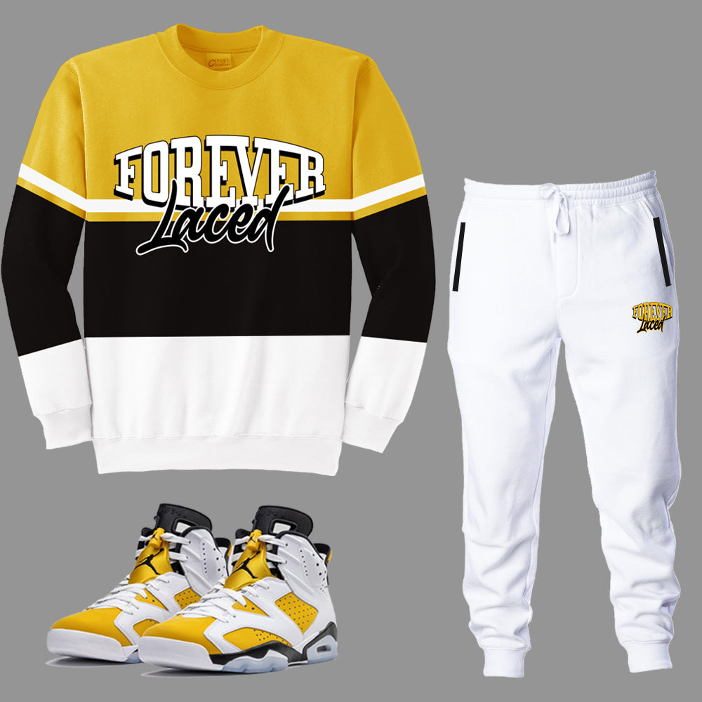 Forever Laced Retro Crewneck Sweatsuit to match Retro Jordan 6 Ochre sneakers