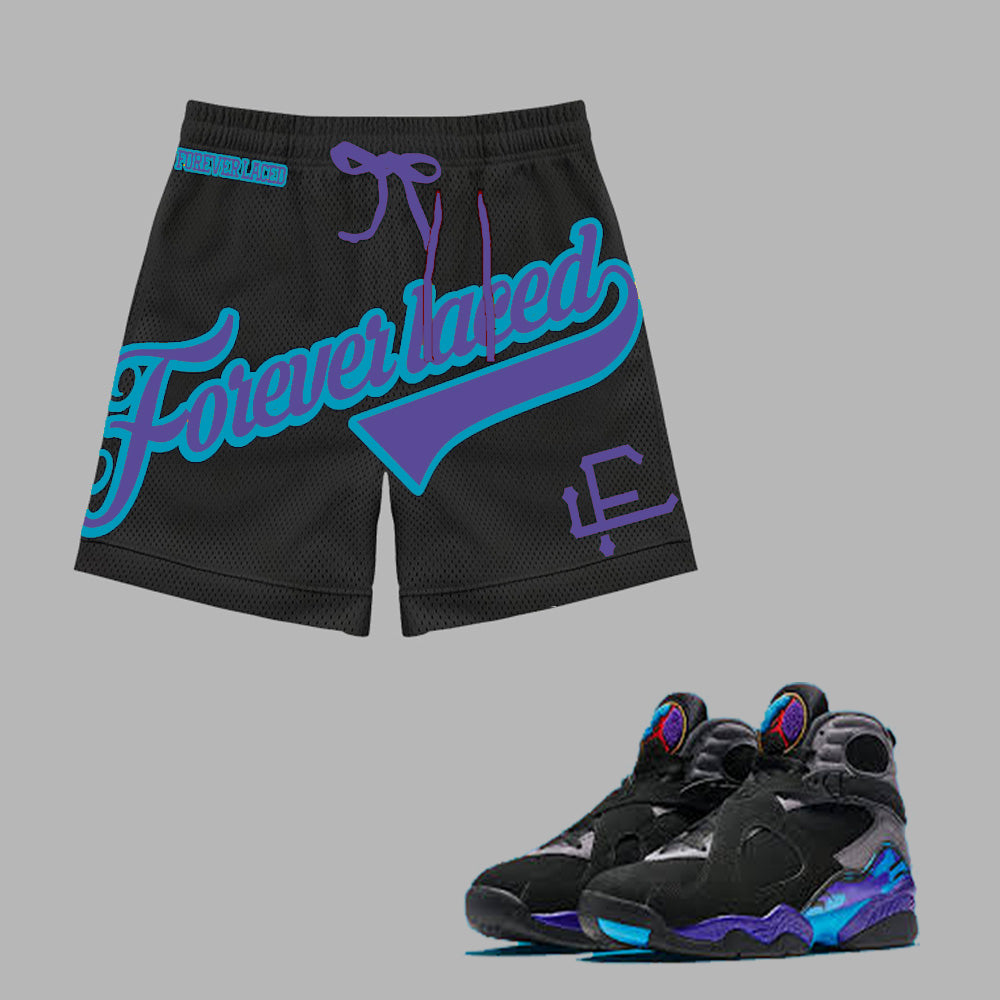 Forever Laced FL Stadium Mesh Shorts to match Retro Jordan 8 Aqua sneakers