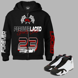 Forever Laced Sports Club Zipped Hoodie to match Retro Jordan 14 Black Toe sneakers