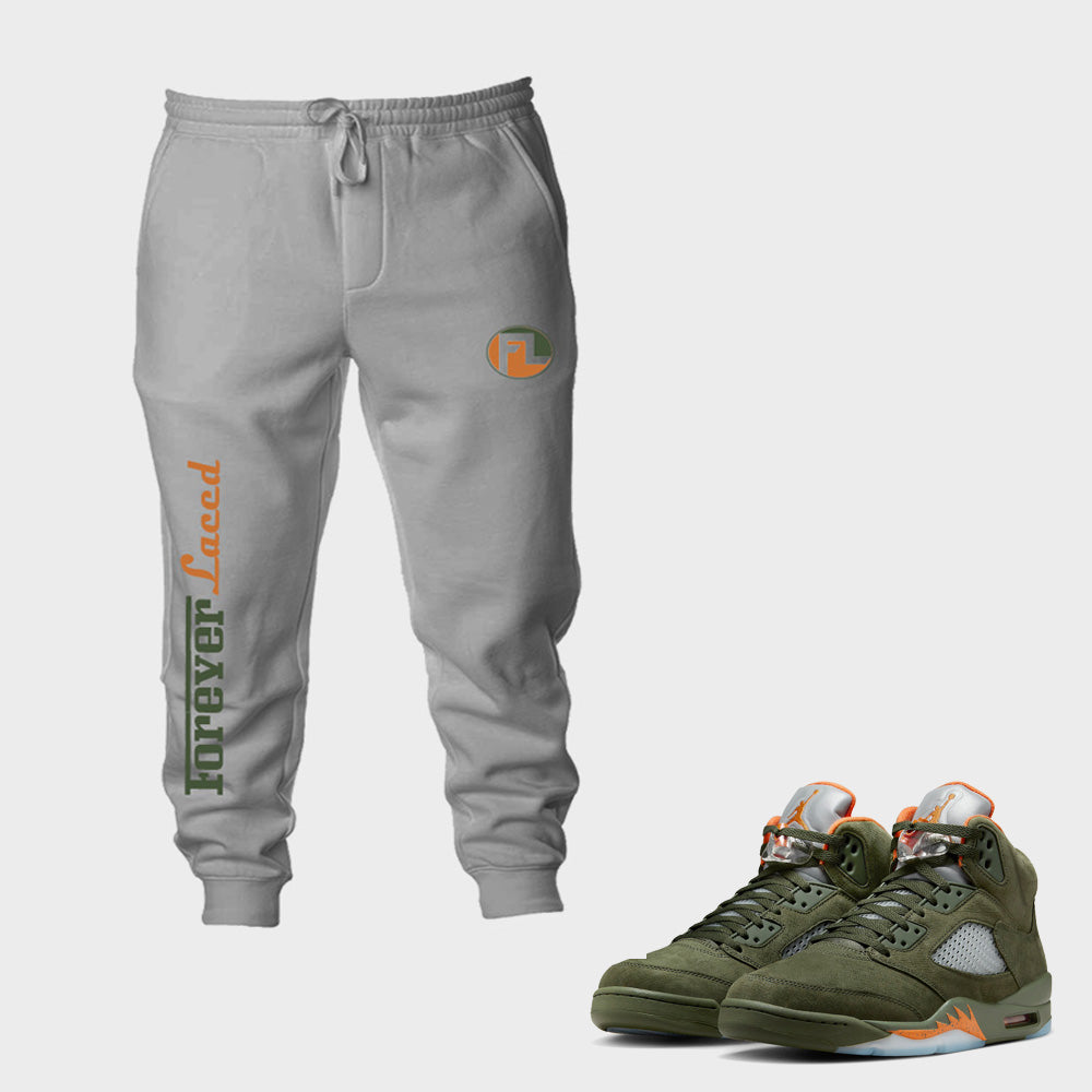 Forever Laced Racer Sweatpants to match the Retro Jordan 5 Olive sneakers