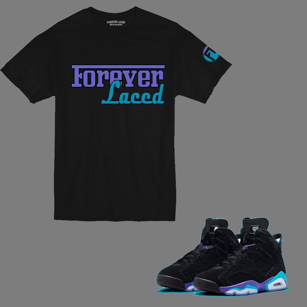 Forever Laced Racer T-Shirt to match Retro Jordan 6 Aqua sneakers