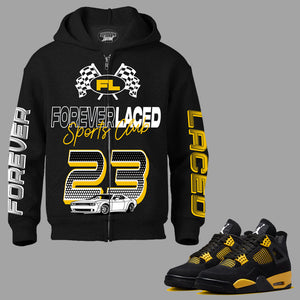 Forever Laced Sports Club Zipped Hoodie to match Retro Jordan 4 Thunder sneakers