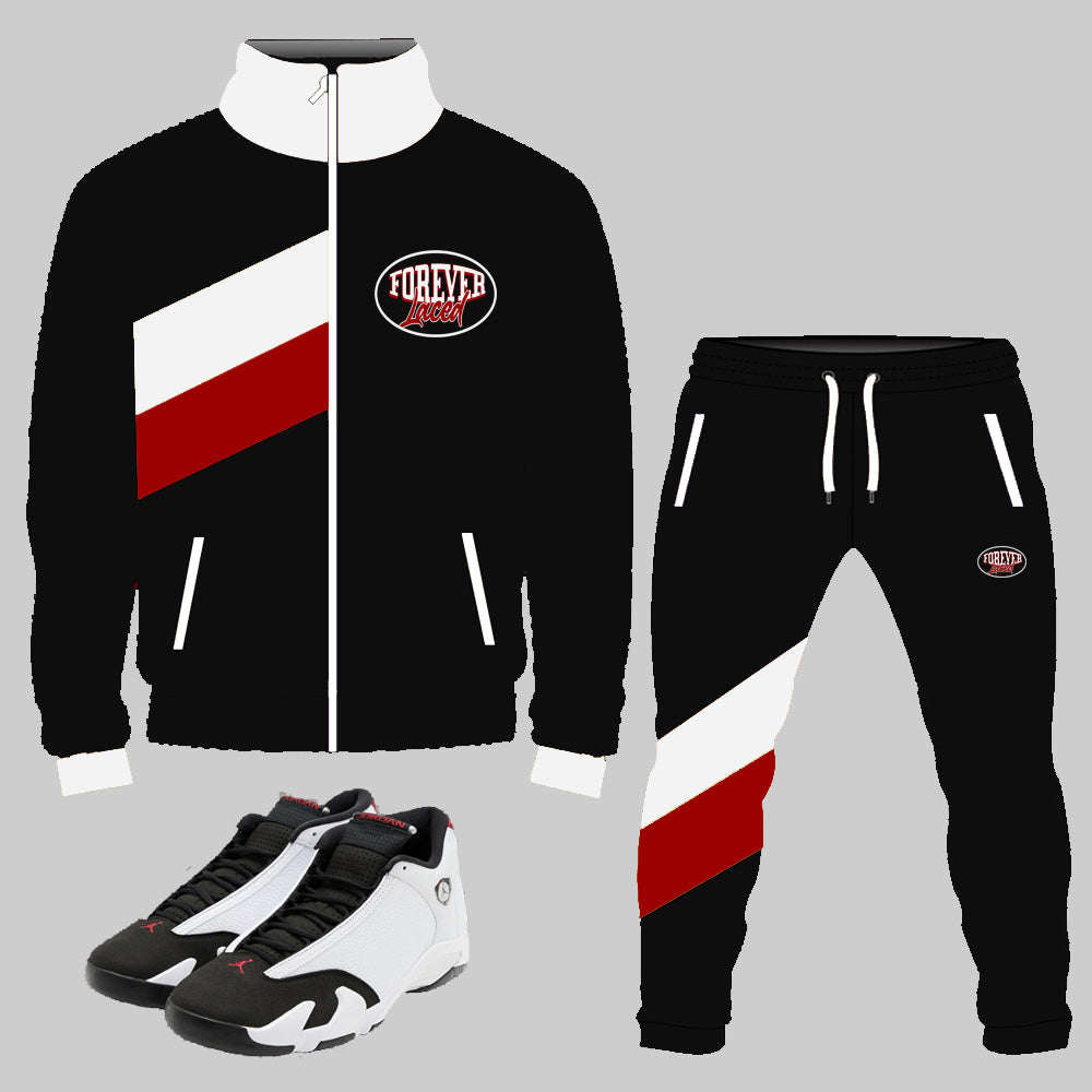 Forever Laced Arena Tracksuit to match Retro Jordan 14 Black Toe sneakers