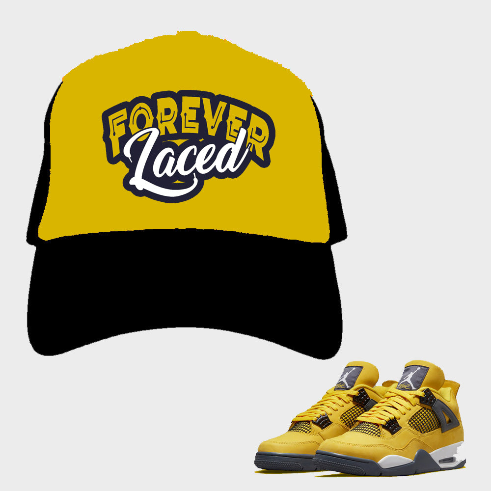 Forever Laced Mesh Trucker Hat to match Retro Jordan 4 Thunder sneakers