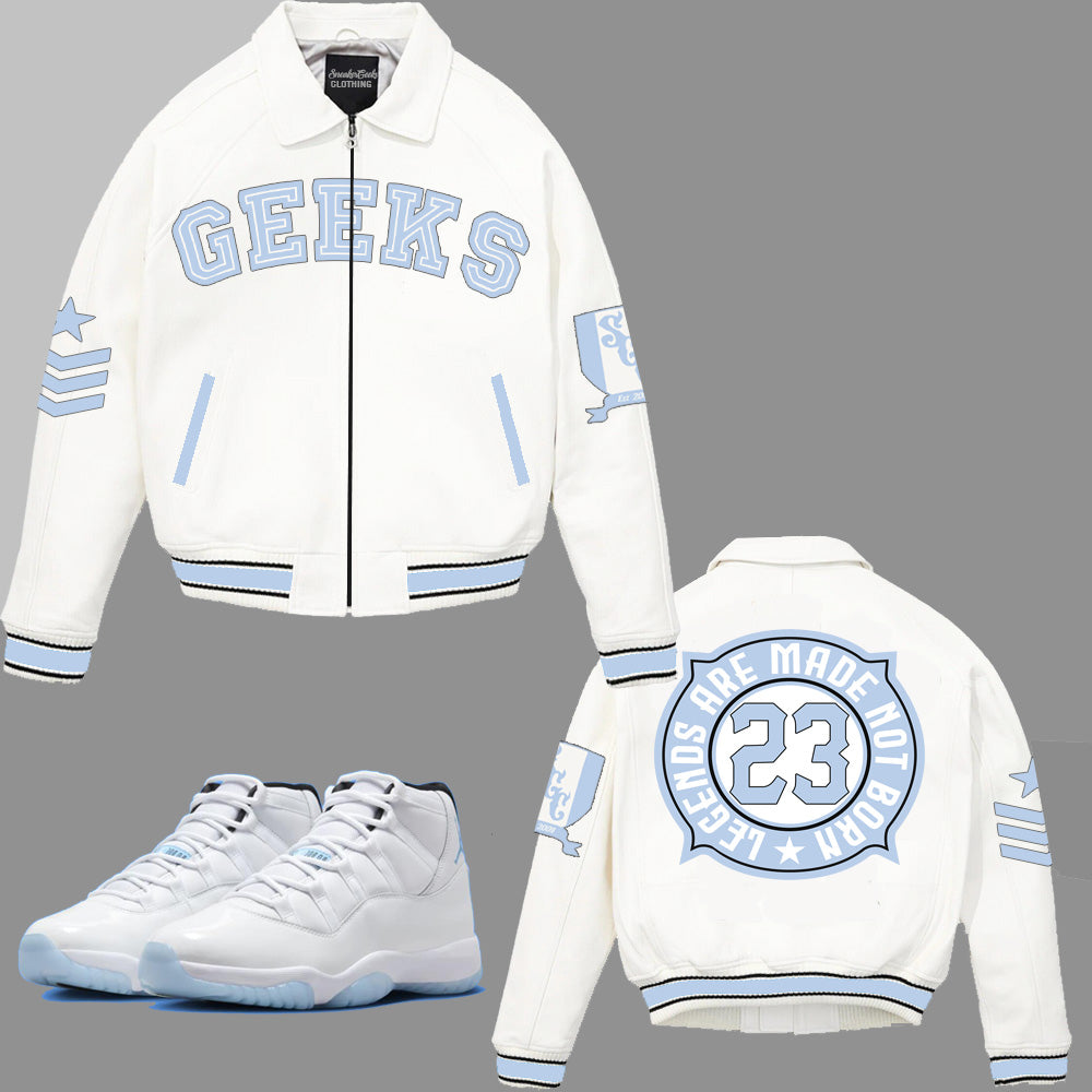 Legends Are Made Leather Bomber Jacket to match Retro Jordan 11 Legend Blue sneakers