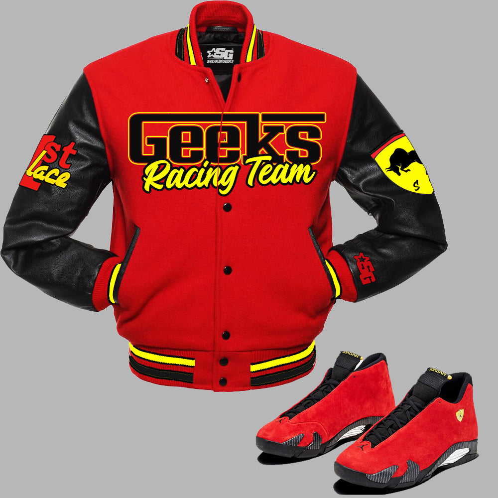 GEEKS Racing Team Varsity Jacket to match Retro Jordan 14 Ferrari sneakers