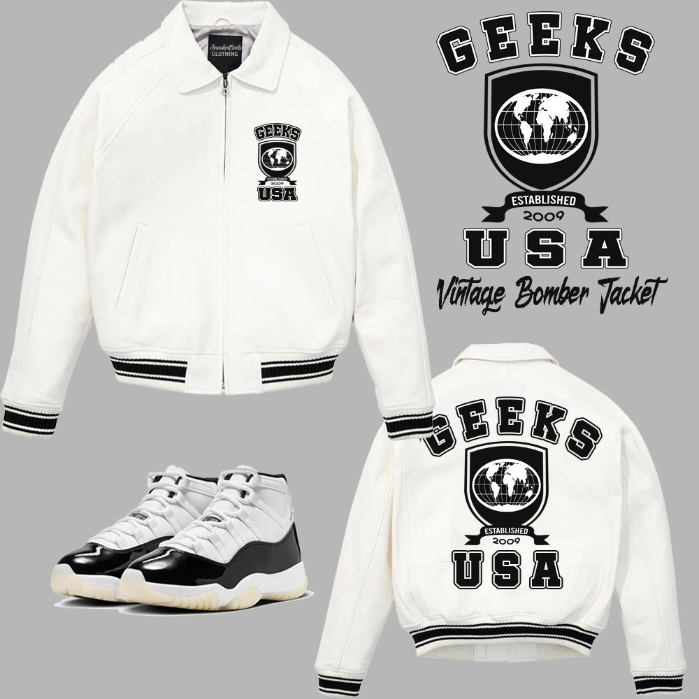 GEEKS USA Vintage Leather Bomber Jacket to match Retro Jordan 11 Grati â SneakerGeeks Clothing