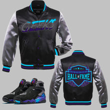 Load image into Gallery viewer, Hall of Fame Satin Jacket to match Retro Jordan 8 Aqua sneakers
