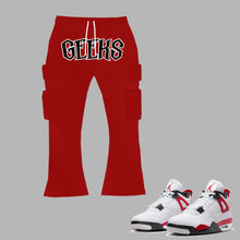 Load image into Gallery viewer, SneakerGeeks Stacked Cargo Joggers to match Retro Jordan 4 Red Cement sneakers
