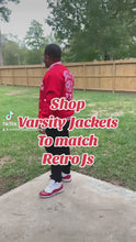 Load and play video in Gallery viewer, Upper Echelon Vintage Varsity Jacket to match Retro Jordan 1 True Blue sneakers
