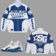 Load image into Gallery viewer, SG Most Wanted Windbreaker to match Retro Jordan 12 French Bue sneakers
