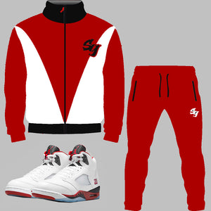 SG Nostalgia Tracksuit to match Retro Jordan 5 Fire Red Black Tongue sneakers