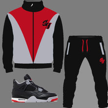 Load image into Gallery viewer, SG Nostalgia Tracksuit to match Retro Jordan 4 Bred Reimagined sneakers
