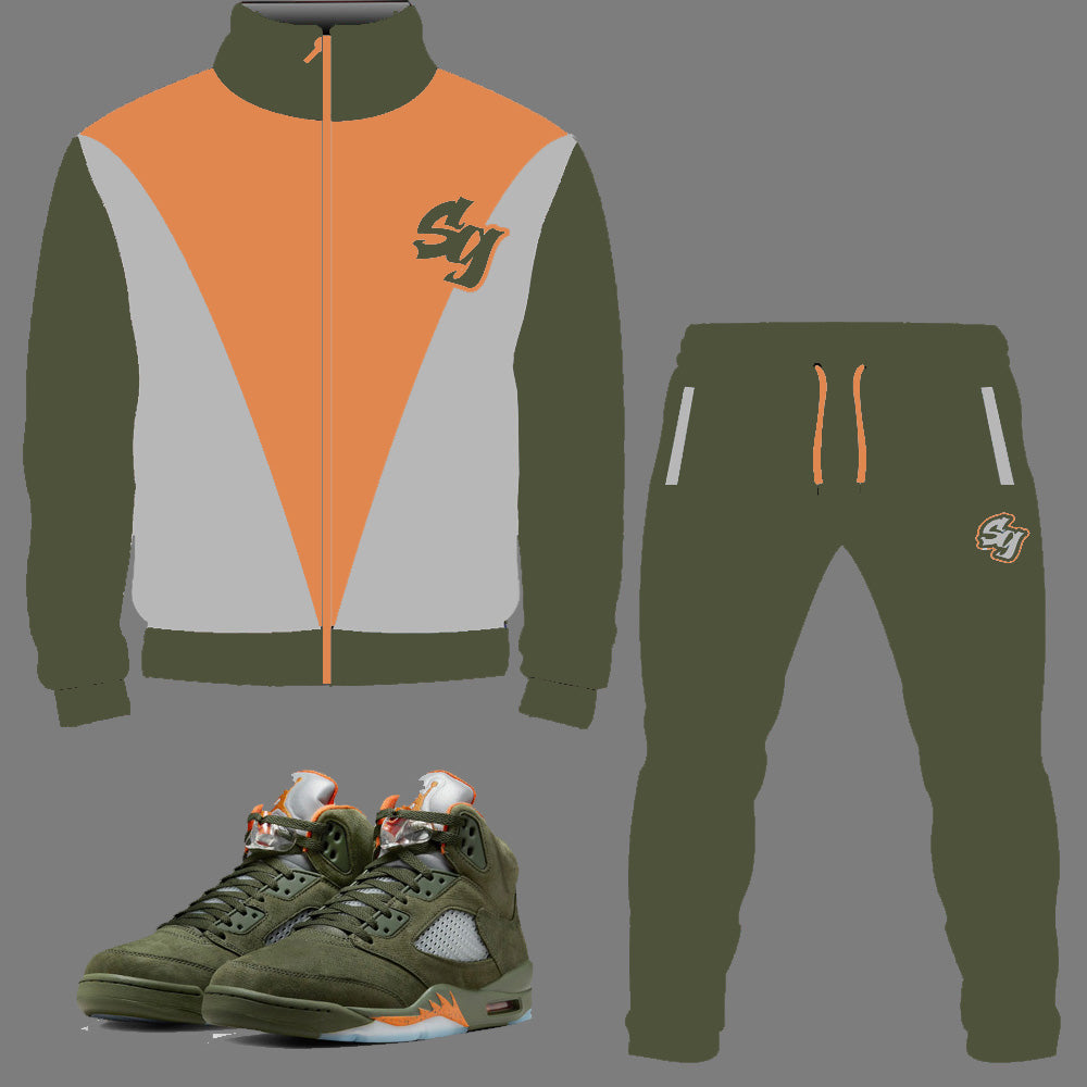 SG Nostalgia Tracksuit to match Retro Jordan 5 Olive sneakers