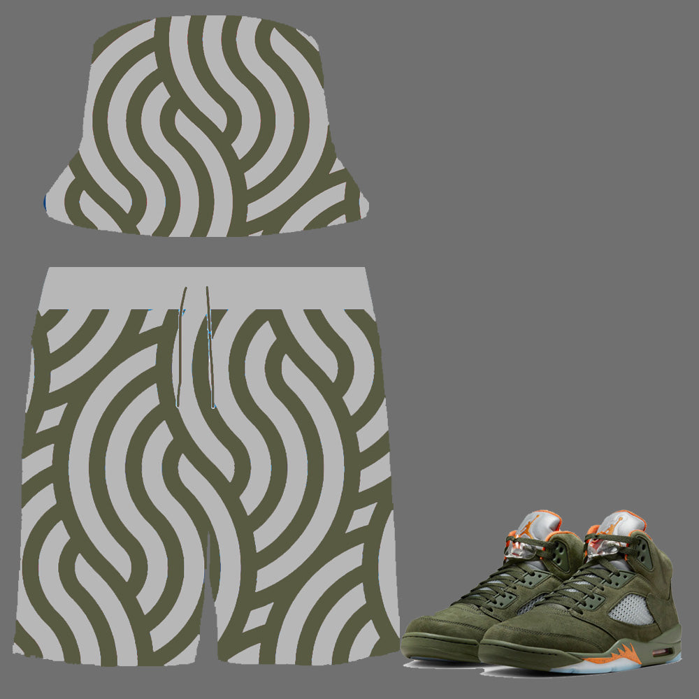 SneakerGeeks Bundle (nylon shorts and matching bucket hat) to match Retro Jordan 5 Olive sneakers