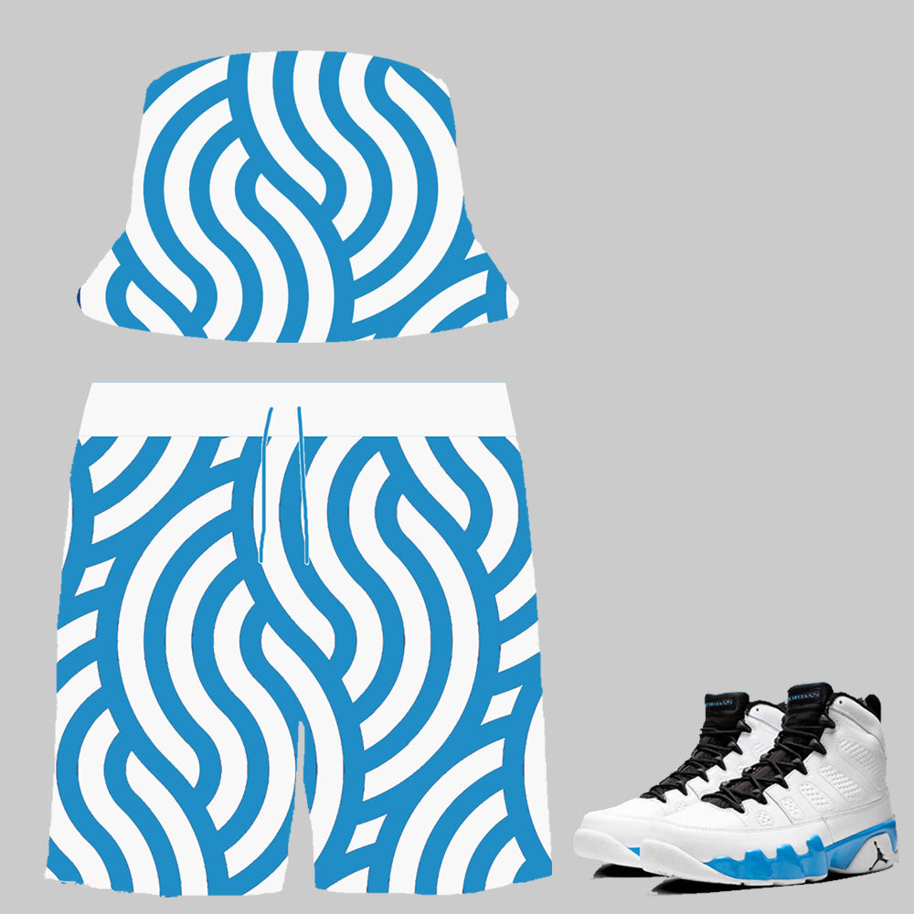 SneakerGeeks Bundle (nylon shorts and matching bucket hat) to match Retro Jordan 9 Powder Blue sneakers