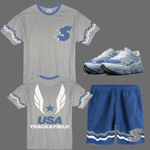S Track and Field Short Set to match New Balance Abzorb 2000 Baby Blue sneakers
