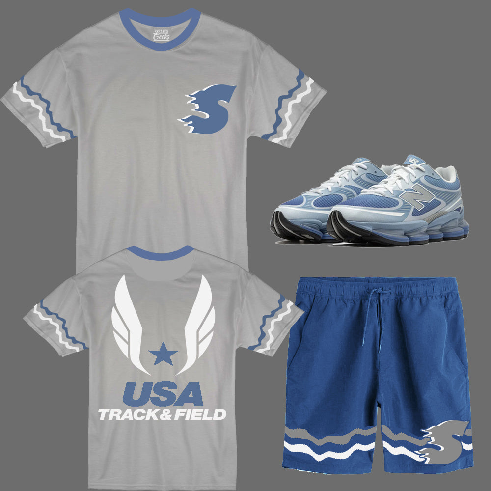 S Track and Field Short Set to match New Balance Abzorb 2000 Baby Blue sneakers