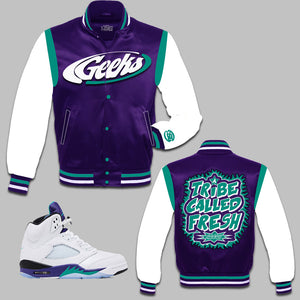 A Tribe Called Fresh Satin Jacket to match Retro Jordan 5 Grape sneakers