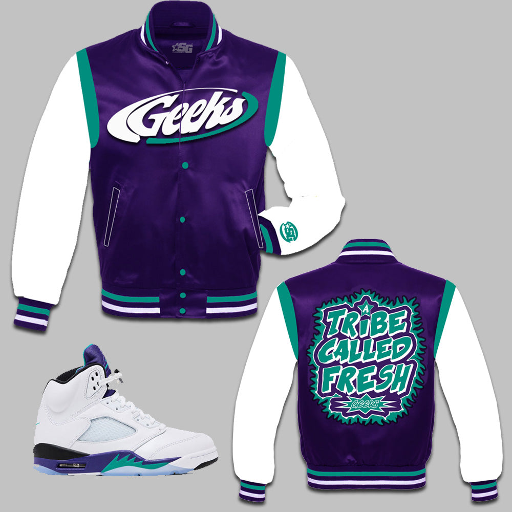 A Tribe Called Fresh Satin Jacket to match Retro Jordan 5 Grape sneakers