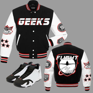 Flight Club Legend Varsity Jacket to match Retro Jordan 14 Black Toe sneakers