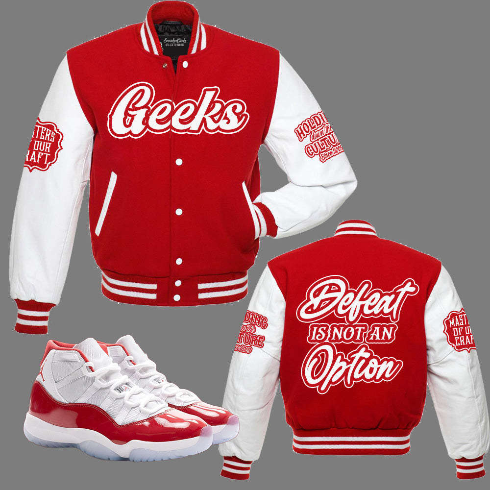 Defeat Is Not An Option Varsity Jacket to match Retro Jordan 11 Cherry SneakerGeeks Clothing