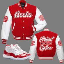 Load image into Gallery viewer, Defeat Is Not An Option Varsity Jacket to match Retro Jordan 11 Cherry -  In Stock
