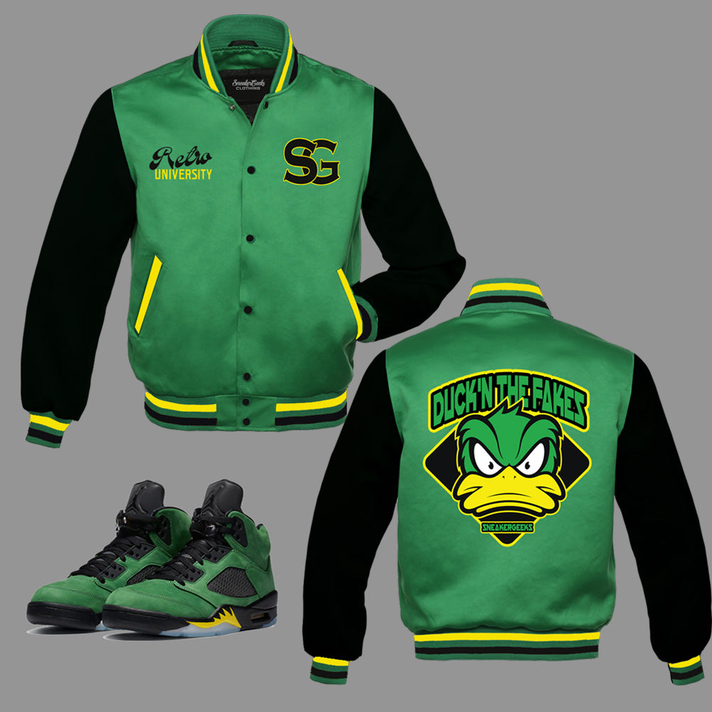 DUCKN THE FAKES Satin Jacket to match the Retro Jordan 5 Oregon SneakerGeeks Clothing