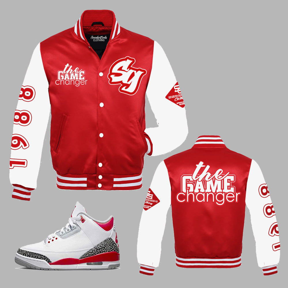 The Game Changer Satin Jacket to match the Retro Jordan 3 Fire Red sneakers