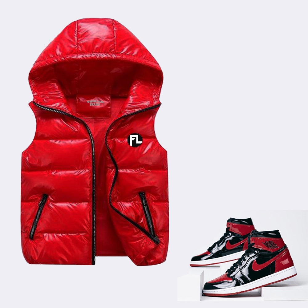 Forever Laced FL Gloss Red Hooded Bubble Vest Retro Jordan 1 OG Bred